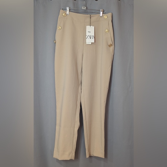 Zara Cream High-Waisted Pants with Gold Button Accents - Picture 1 of 9